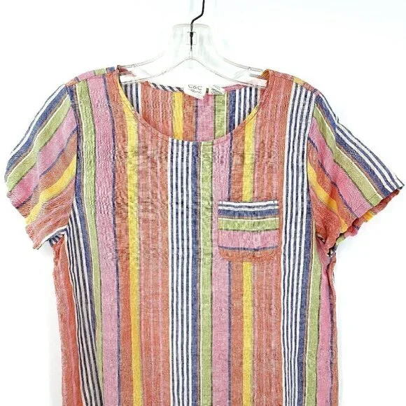 C&C California Colorful Striped Summer Top Round Neck  100% Linen Light Shirt - Picture 2 of 11